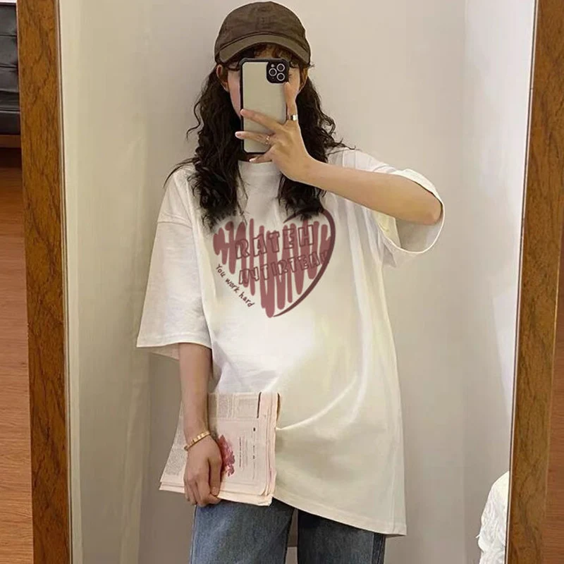 

2022 Summer Love Letter Print Short Sleeve Women T Shirt Students Korean Fashion Causal Oversized Streetwear Clothes Black White