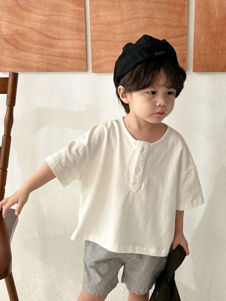 

Children's Summer Suit for Small and Medium-Sized Boys With Pure Cotton Stripes 2023 New Summer Japanese Casual Baby Short