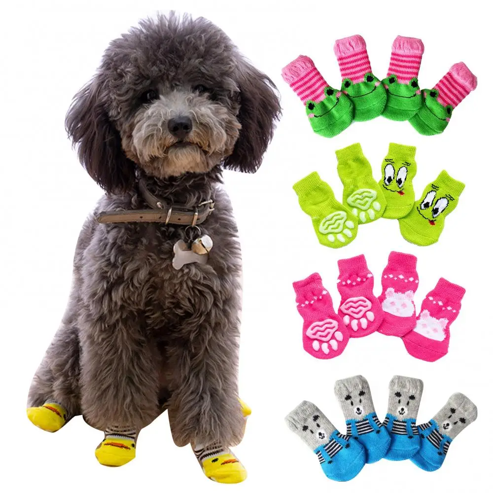 

4Pcs Cotton Socks Warm Pet Supplies Cats Dogs Cartoon Pattern Shoes Pet
