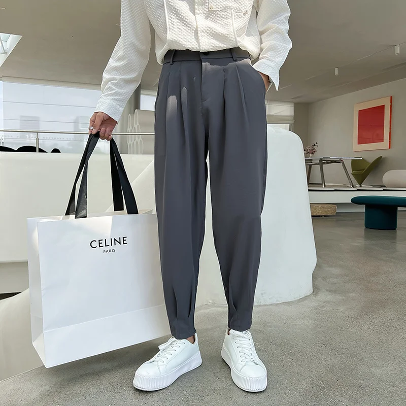 New Fasion Sprin Summer Pants Men Tapered Bottom Slit Trousers  Style Wite Kaki Black Elastic Waist Casual Pants Man