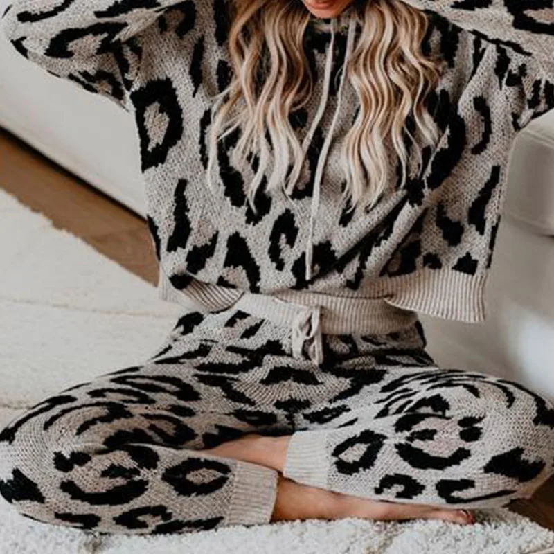 Drawstring Home Sets Female Casual Ladies Tracksuit 2023 New Fall Women's Leopard Hooded 2 Piece Set Full Sleeve Long Pants