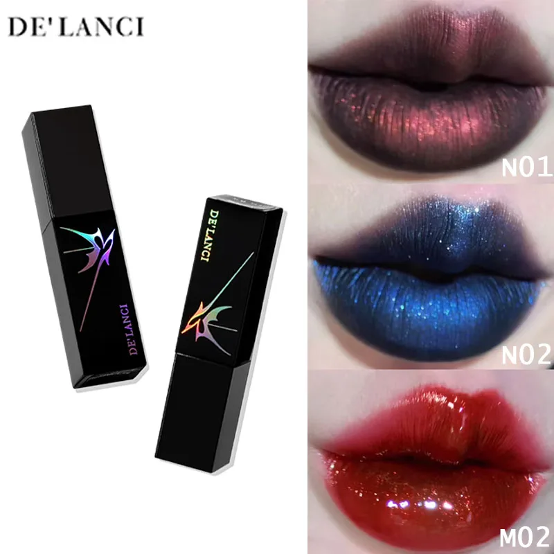 Фото Блеск для губ DE'LANCI Goth Velvet Moist Matte Shimmer: красный, синий, дымчатый, высокопигментированный, с мелким шиммером, стойкий, для Хэллоуина №1
