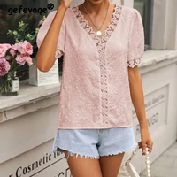 casual floral printing solid hollow out shirt spring summer 2022 new v neck short pile up sleeve pullovers tops womens clothing