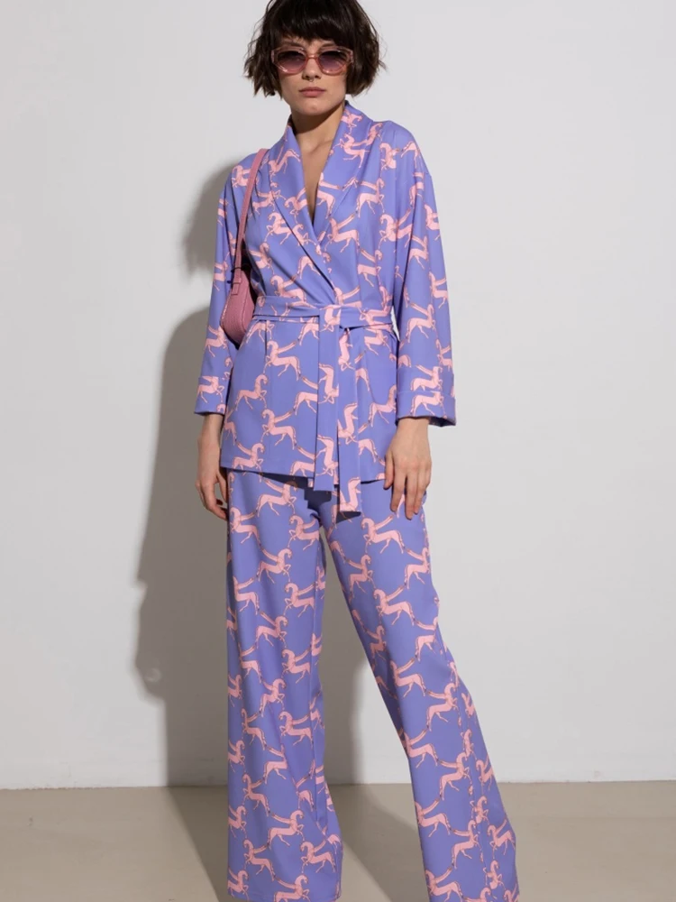 

Linad Print Pajamas For Women 2 Piece Sets Long Sleeve Sleepwear Sashes Casual Female Trouser Suits Summer Fashion Nightwear