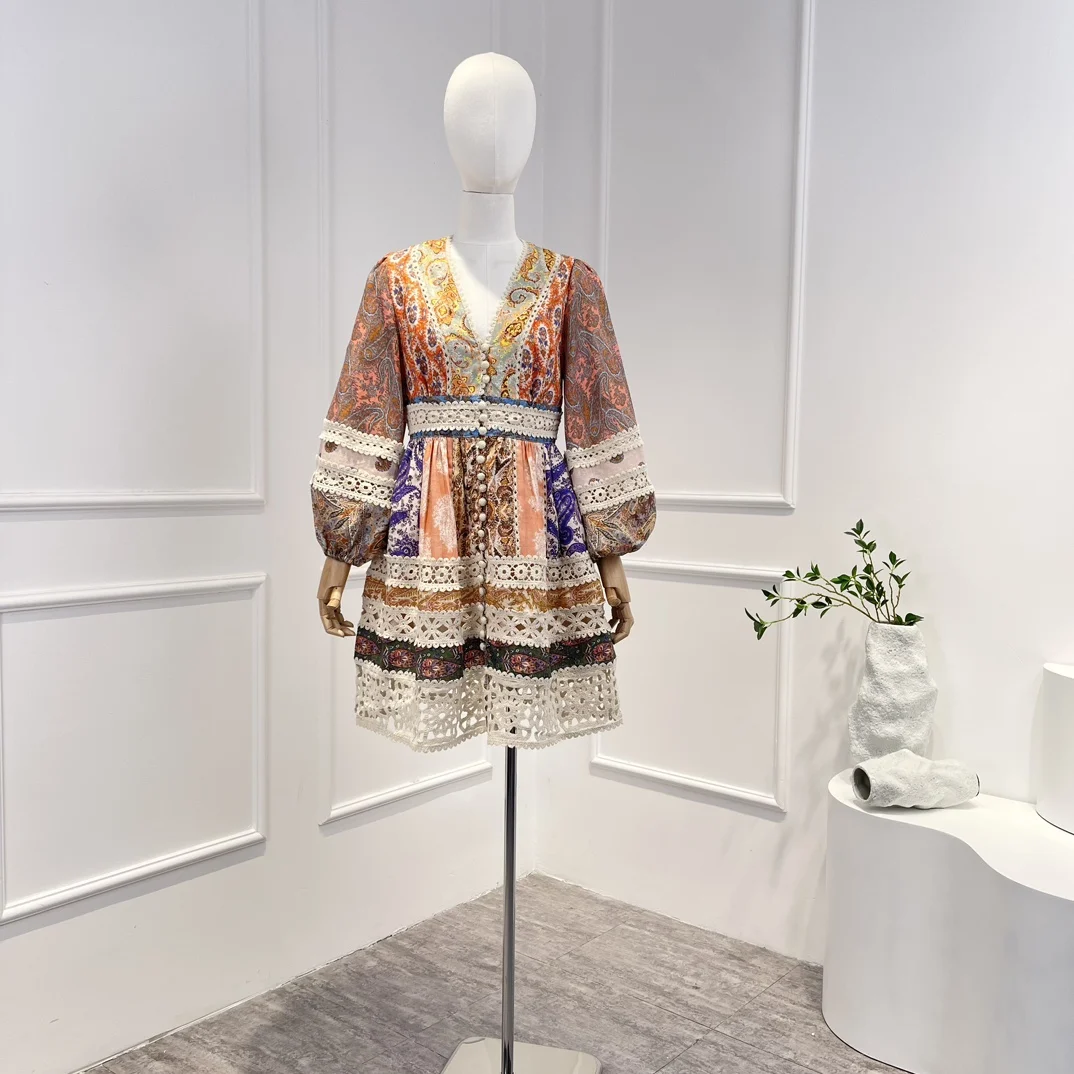 

Женское винтажное мини-платье из 2023 льна, ажурное платье в стиле пэчворк с рукавами-фонариками и принтом Пейсли