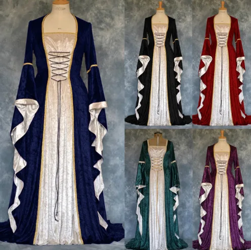 

Women Long Maxi Medival Velvet Lace-up Full Flare Sleeve Retro Floor Length Dress Women's High Waist Bandage