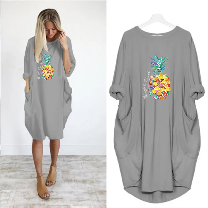 

Fruit Graphic Print Loose Women Dress O Neck Long Sleeve Big Pockets Midi Dress Summer Dresses Women 2022 Casual Vestidos