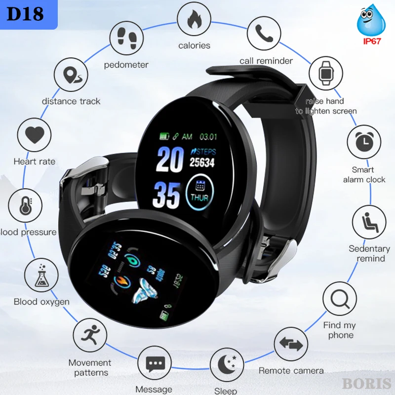 

D18 Bluetooth Smart Watch Men Women Sport Pedometer Heart Rate Intelligent Fitness Bracelet Tracker Smartwatch For Android IOS