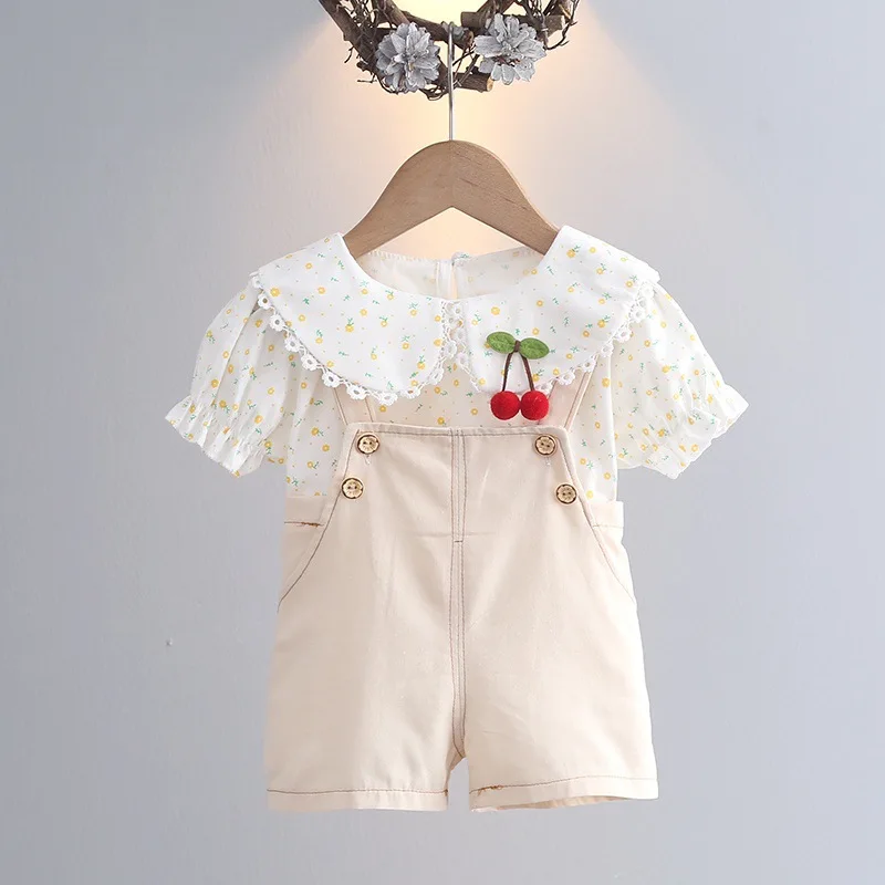 2023 summer sweet suit baby girl clothing flower short-sleeved shirt and pants 2PCS casual large lapel suit baby suit 0-4 years