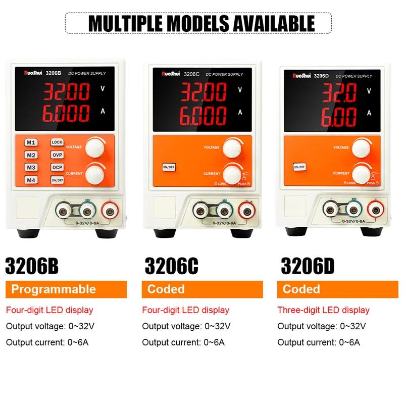 

RuoShui 3206 DC Power Supply Regulated Switch Adjustable 32V 6A Single Channel 4Bits 220V Input OVP Mobile Phone Repair Advanced