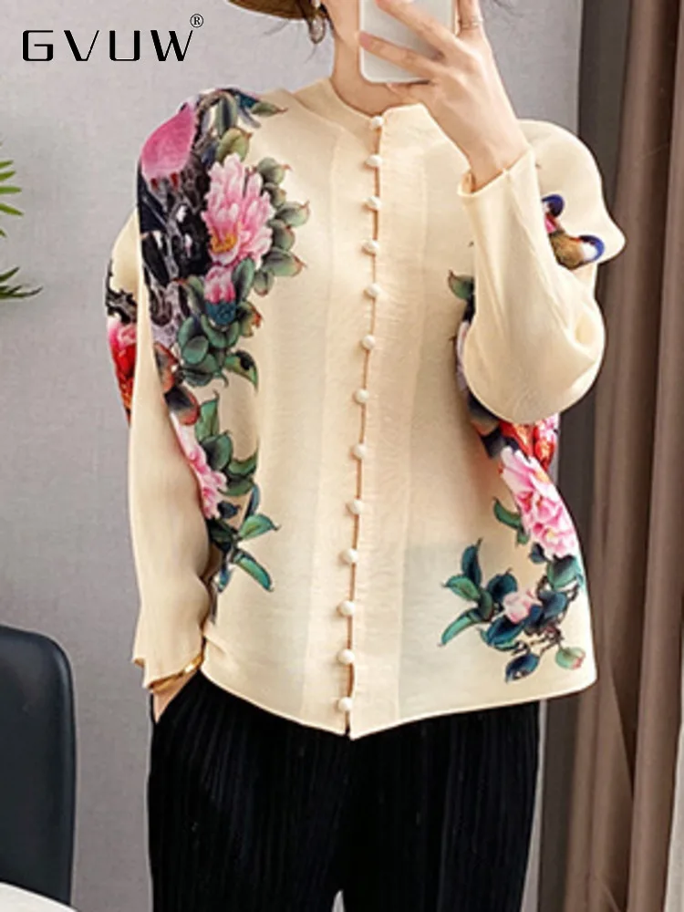 

GVUW Pleated Floral Print Shirts For Women Long Sleeve Round Collar Loose Single Breasted Autumn Female Elegant Top 17D2375