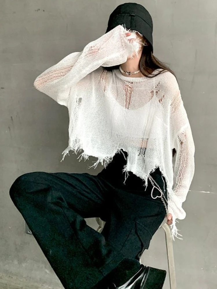 

Модный женский свитер в Корейском стиле, универсальный хипстерский свитер с вырезами, Весенняя уличная одежда, укороченные пуловеры, повседневные свободные свитера