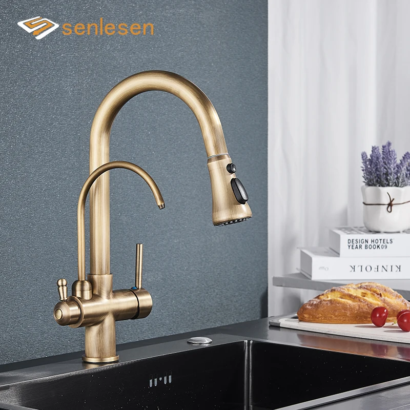 

Senlesen Antique Brass Filter Kitchen Faucet Deck Mounted Pull Out Spout 360° Rotate Three Water Modes Pure Water Mixer Sink Tap