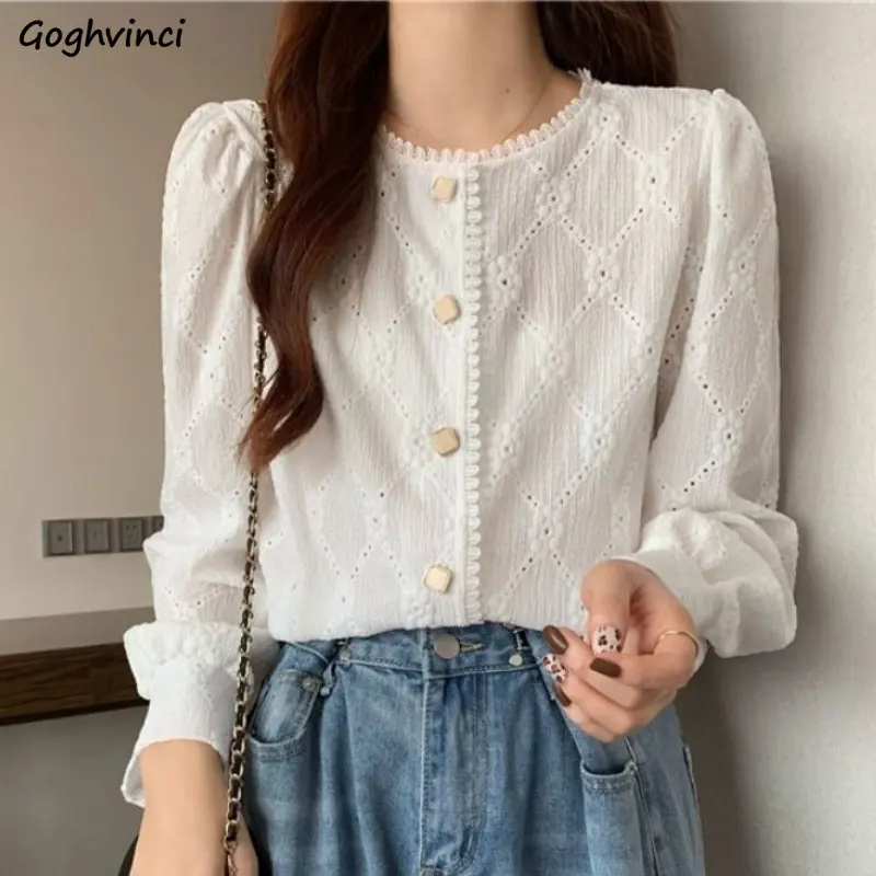 Рубашки женские винтажные элегантные кружевные весенние повседневные с круглым