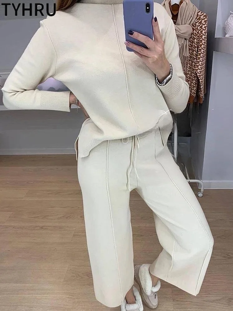 

Женский трикотажный брючный костюм TYHRU, Модный пуловер средней длины с высоким воротником и широкие брюки с эластичным поясом, комплект из 2 ...