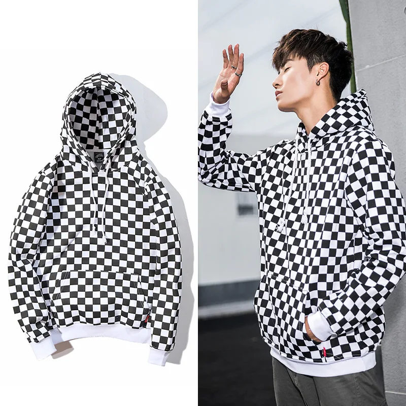 

2022 Spring Autumn Mens Hip Hop Hoodie Sweatshirt Checkerboard Plaid Hoodie Streetwear Harajuku Fleece Hooded Pullover Male
