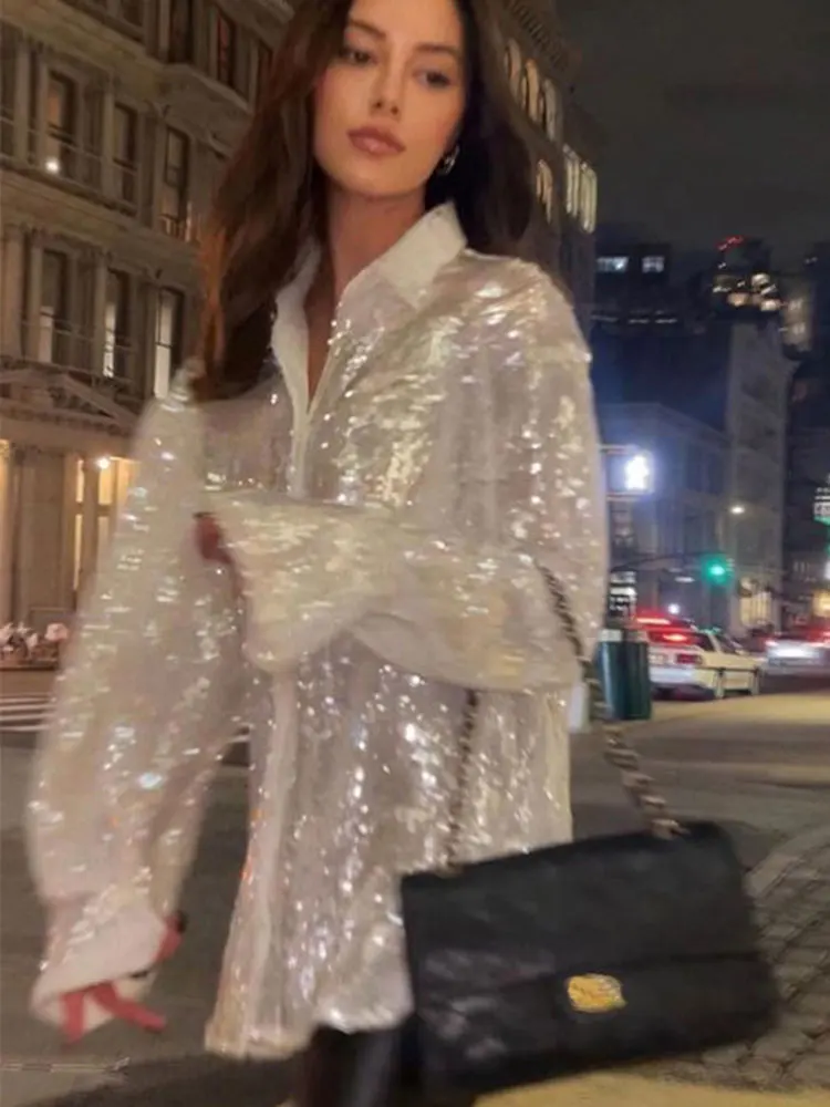 Блузка с блестками рубашки длинным рукавом топ на пуговицах рубашка Y2K винтажная