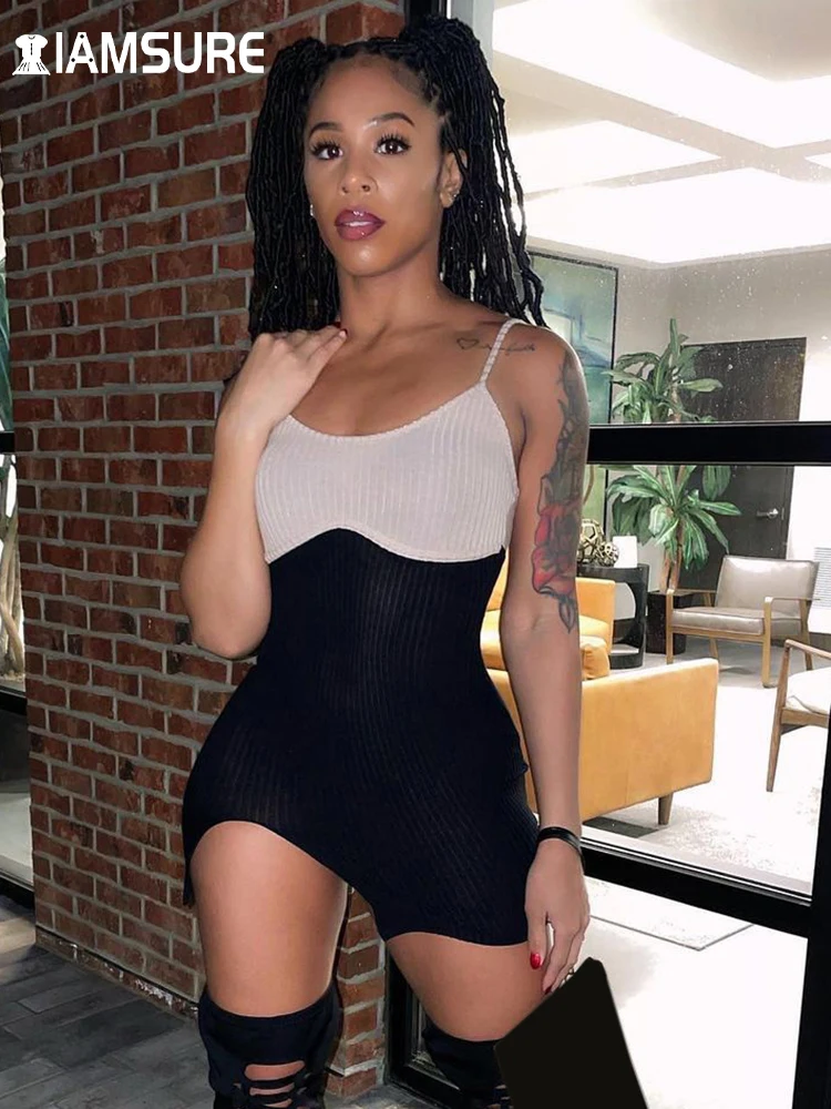 

IAMSURE Contrast Color Patchwork Boducon Dress Sexy Slim Basic Sleeveless Spaghetti Straps Mini Dresses For Women 2022 Ladies