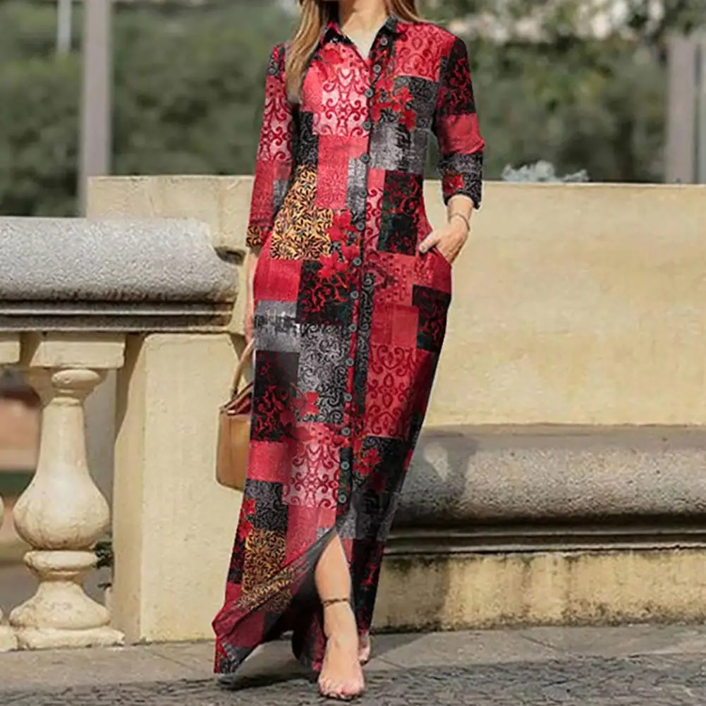 

Amazing Long Dress Soft Texture Shirt Dress Lapel Split Hem Women Casual Dress Lightweight