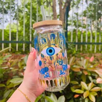 Evil-EyeTheme Beer can glasses With Bamboo Lid And Straw Coffee Cup Office Home Water Milk Cups Kitchen Drinkware gifts