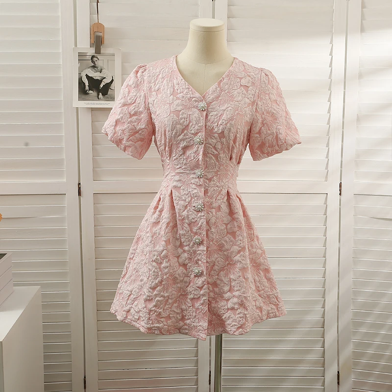 

Женское винтажное платье-мини с вышивкой, розовое/белое однобортное платье с пышными рукавами и V-образным вырезом