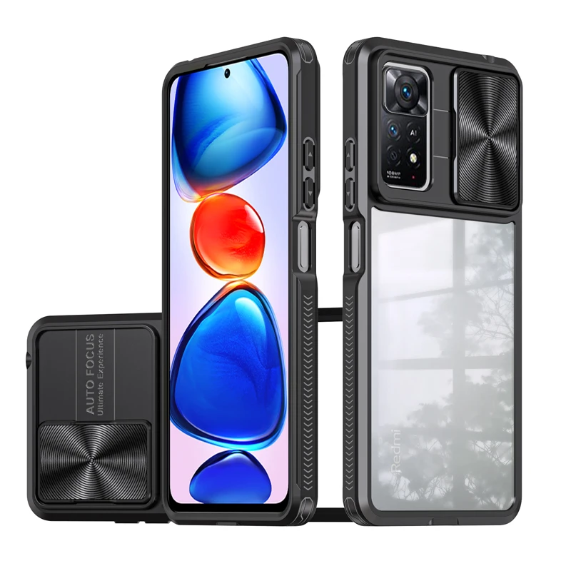 

Transparent Shockproof Case For Xiaomi Redmi Note 11 10 11E Pro Max 11S 10S POCO X3 NFC Note11 With Slide Camera Lens Cap Cover