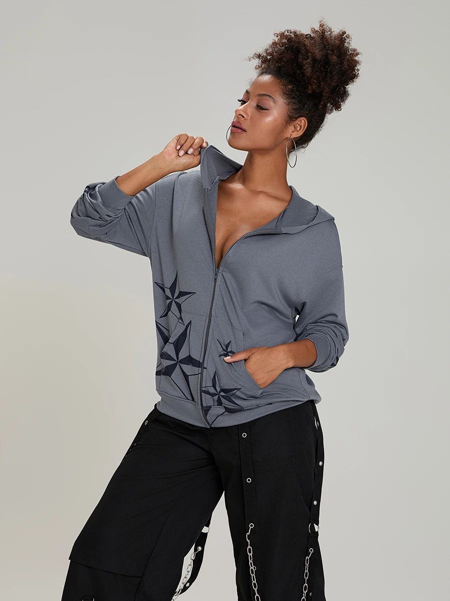 Женские готические толстовки на молнии в стиле панк с длинным рукавом и звездным