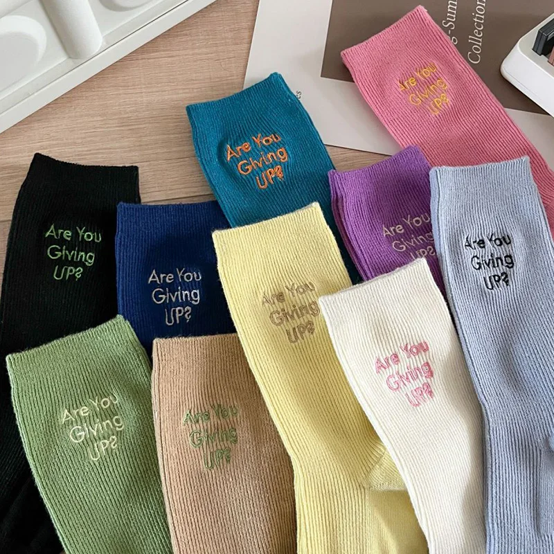 10 Pair Street Style Middle Tube Socks Women Digital Embroidery Kawaii Winter Long Cotton Socks Comfortable Fashion Calze Donna