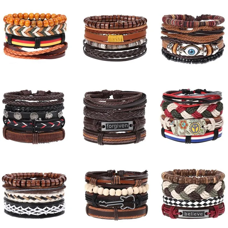 

New Vintage Bracelet for Men Woven Combination Suit Cowhide Lanyard Popular DIY Men's Leather Bracelet Europe and America