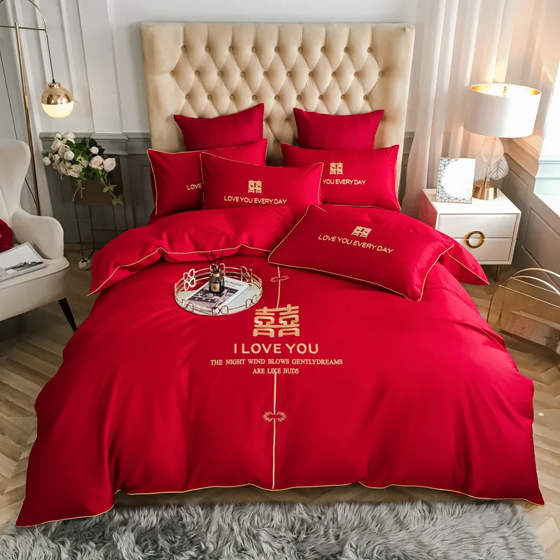 

Свадебный комплект из четырех предметов, хлопковый длинный штапельный хлопковый комплект постельного белья с красной вышивкой, Свадебный ...