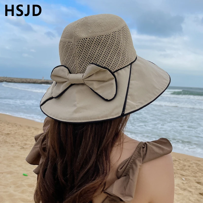 

Women Summer Bow Hollowed Out Sun Hats Wide Brim Foldable Sunscreen Anti-UV Beach Hat Outdoor Travel Panama Holiday Cap Bonnet