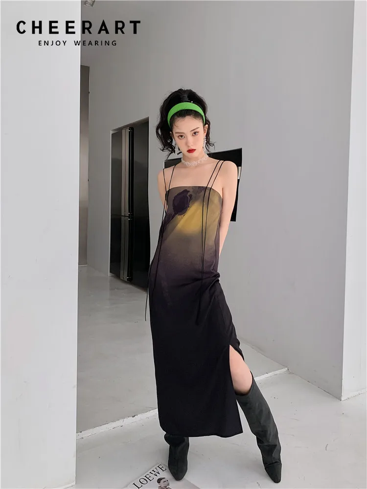 CHEERART Tulip Gradient Print Backless Slip Dresses For Women 2022 High Fashion Runway Long Side Split A Line Midi Dress