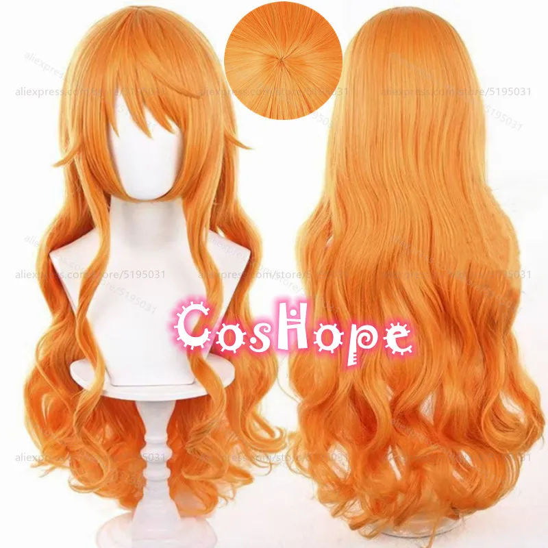 Фото Nami Cosplay Wig 75cm Long Curly Wave Orange Wig Cosplay Anime Cosplay Wigs Heat Resistant Synthetic Wigs Halloween №1