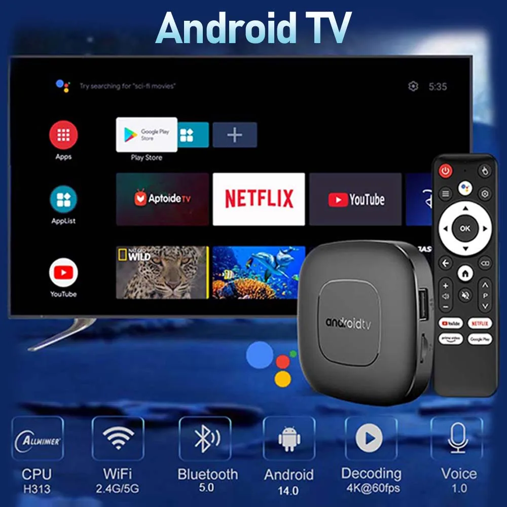 Android 14 Умный Домашний Кинотеатр TV Box Allwinner H313 Google Assistant Netflix Потоковое Передание