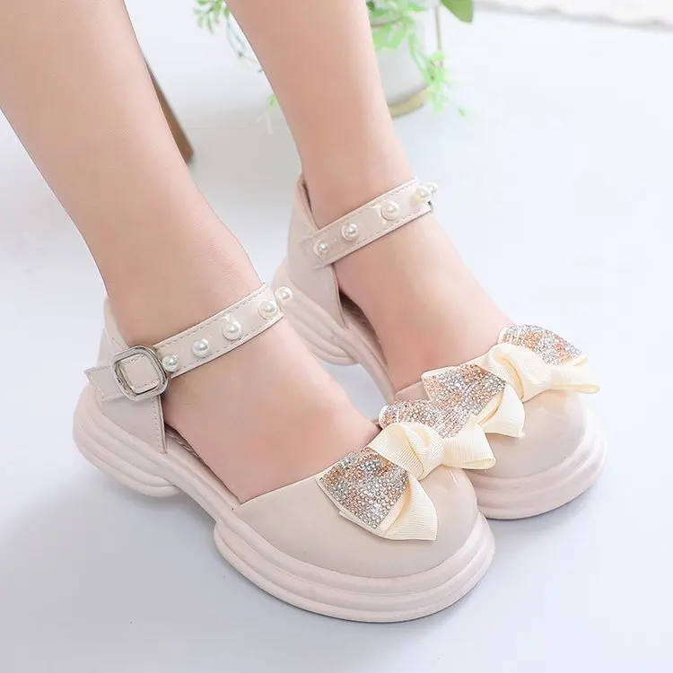 

Girls Anti-kick Baotou Sandals Spring Summer New Fashion Pearl Kids Princess Shoes Big Children Sequins Bowknot Leather Shoes