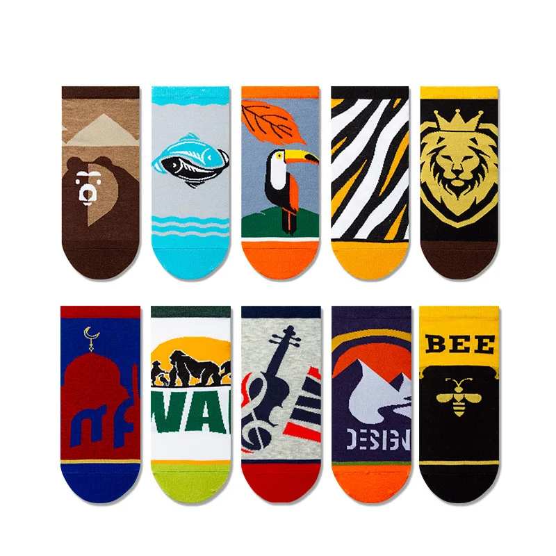 5 double brand Chinese style boys' pure cotton anti slip invisible ship socks men's cotton socks animals flowers gifts men socks