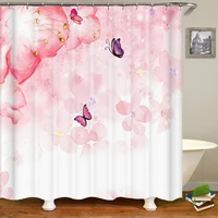 home decoration bathroom shower curtain pink peach blossom chinese style shower curtain waterproof polyester curtain with hooks
