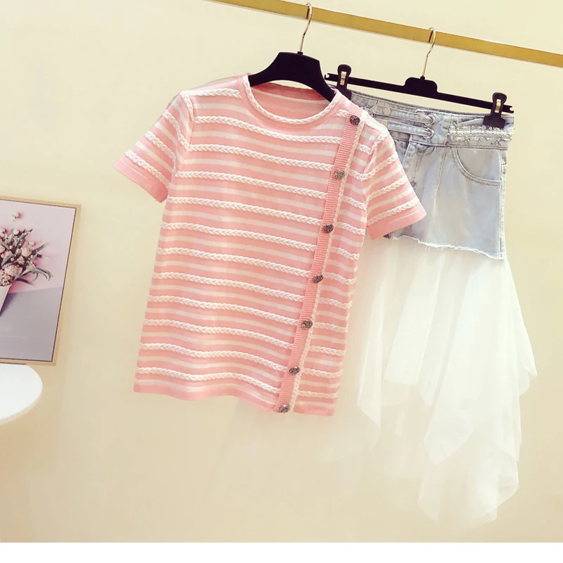 2021 summer new striped thin short-sleeved ice silk T-shirt women GRAY22