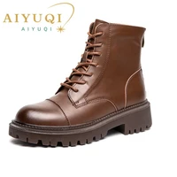 aiyuqi women ankle boots genuine leather 2022 new fashion british style short boots women thick sole lace up retro booties women