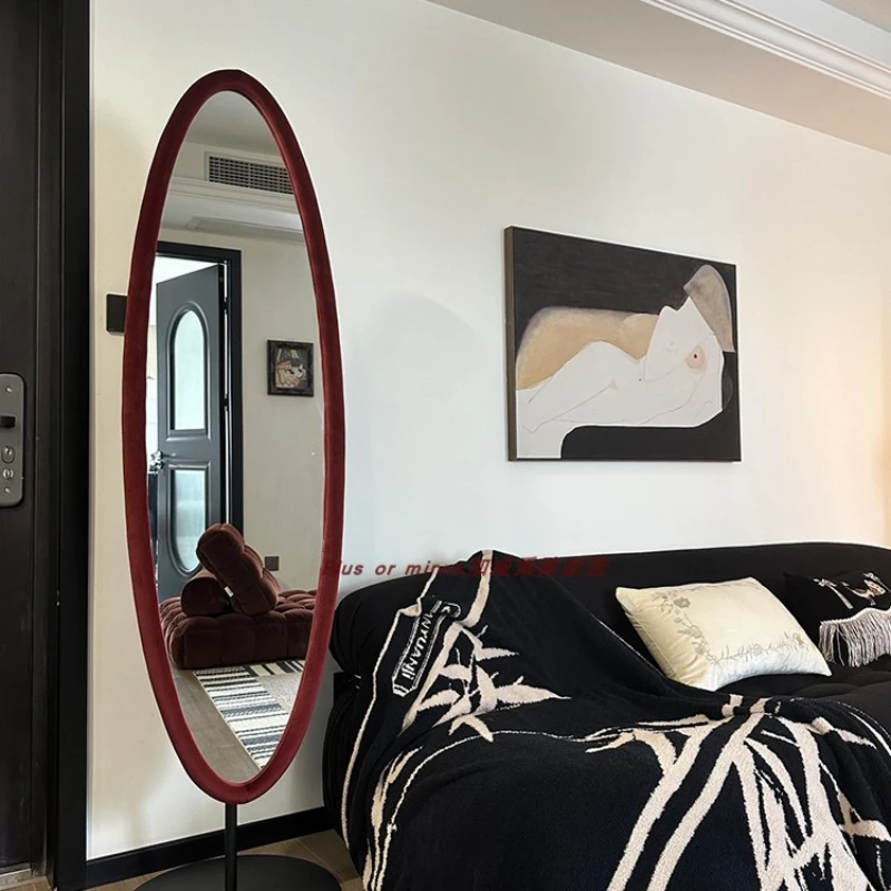

Oval full body mirror in antique red velvet bedroom cloakroom hallway floor to floor fitting mirror retro