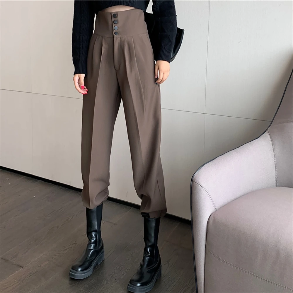 

Spring Autumn Women Long Casual Harem Pants Korean Style Fashion High Waist Buttons Khaki Black Cargo Trousers