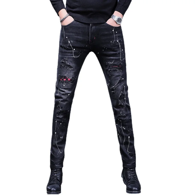 Autumn Ripped Patches Black Jeans Men Slim Fit Straight Pants Streetwear Fashion Dots Printed Stretch Denim Trousers CP2010