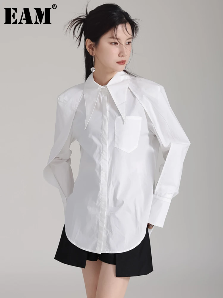 

[EAM] Women White Double Layers Elegant Blouse New Lapel Long Sleeve Loose Fit Shirt Fashion Tide Spring Autumn 2023 1DH0318