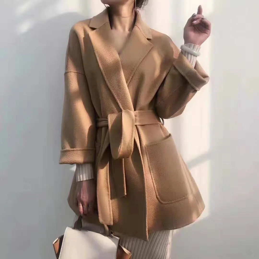 

Женское шерстяное кашемировое пальто средней длины, свободное осеннее черное пальто со шнуровкой, модная повседневная куртка верблюжьей расцветки
