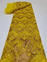 yellow french handmade beads lace fabric 5 yards embroidery with sequins african lace fabric for sewing party
