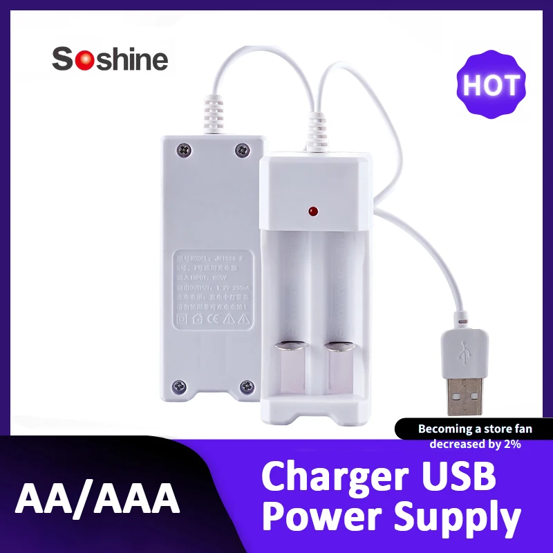 2-Slot Charger USB Power Supply No. 5 and No. 7 AA/AAA Rechargeable Battery Charging Stand Two Rechargeable Battery Charging