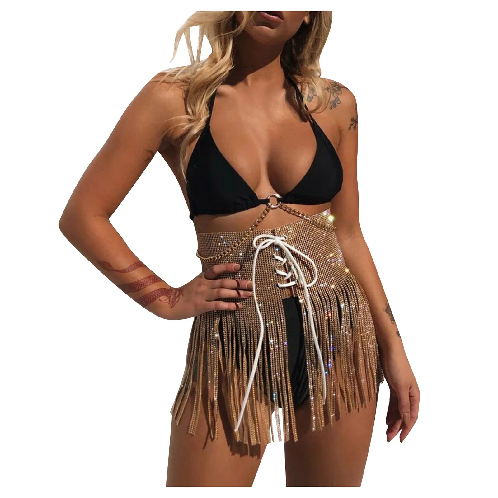 

Women Short Skirt Mini Skirt Bandage Beach High Party Sequin Tassel Skirt Waist Skirt