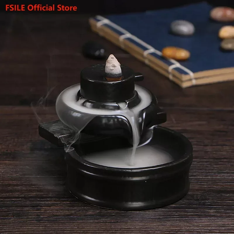 

Backflow Incense Burner Sandalwood Burner Decoration Lotus Pond Moonlight Black Glazed View Smoky Incense Burner Decoration