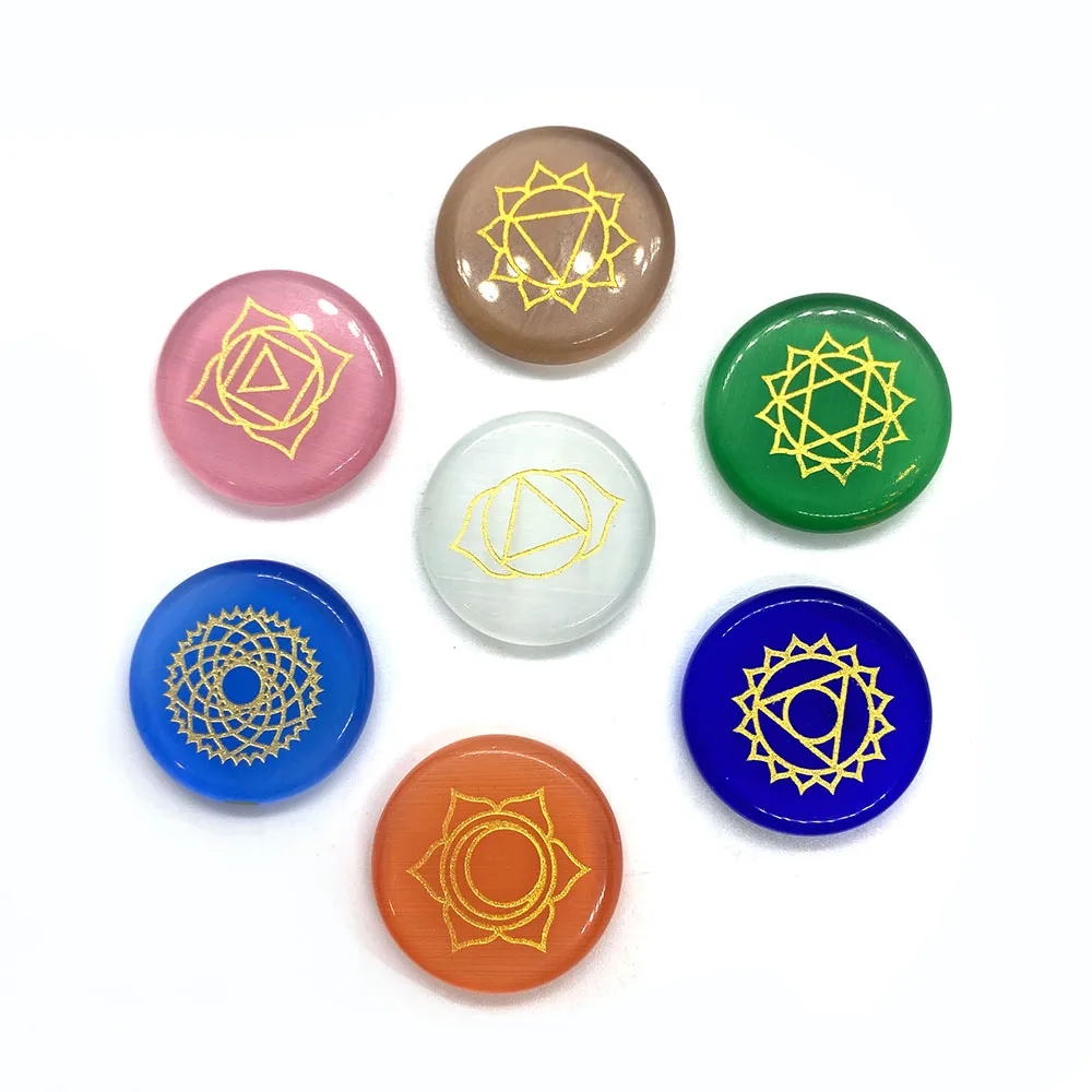 

7 Pieces Vintage Natural Stone Oblate Chakra Stone Amulet Aura Stone Healing Divination Stone Aura Size 25mm Thickness 5mm
