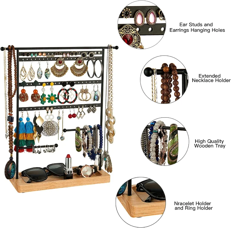 7-layer 80 Hole Jewelry Display Stand Necklace Ring Box Bracelet Earring Rack with Groove Wood Base